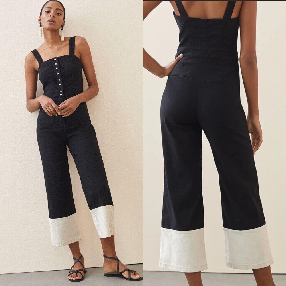 Anthropologie Black Maeve Colette Cropped Wide Leg Overalls Jumpsuit Size 14